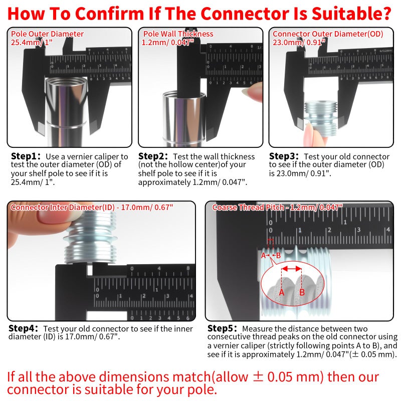 HOWDIA 1.2mm/ 0.047" Coarse Thread Connectors for 25.4mm/ 1" Outside Diameters Wire Shelving Poles with 23.0 mm Hole and 1.2 mm Wall Thickness, 4-Pack - Image 3